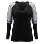 Elegant Mesh Blouse Women Slim Elastic V-neck Printed Lace Sexy Long Sleeve Top Fashion Streetwear Tops Blusas Mujer De Moda