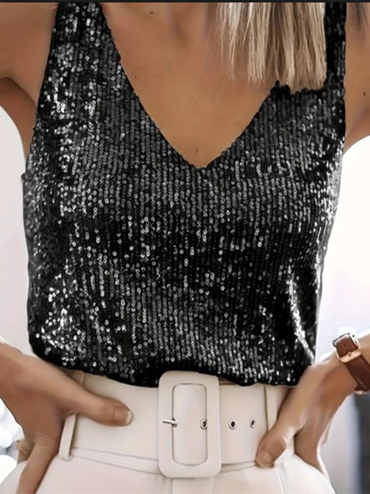 Amazon Quicktrade foreign trade explosion models Europe and the United States sexy ladies sequins summer light mature sexy V-nec