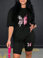 Beautiful Butterfly Pattern Print For Women Short Sleeved Shorts Set Soft Essential Two Piece Set Sports Comfortable Shorts Sets