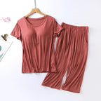 2025 summer new ladies modal pajamas two-piece suit with chest pad short-sleeved cropped trousers plus size home service set