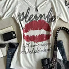 American Retro Sweetheart Red Lips Letter Print Slim Short-sleeved T-shirt Women Summer Fashion Street Hot Sexy Casual Top
