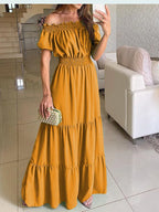 2025 Summer Solid Boho Dress Women Fashion Elegant Beach Party Dress Casual Slash Neck Office Maxi Dresses For Woman Robe Femme