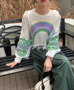 Embroidery Rainbow Crochet Top Sheer Openwork Pullover Batwing Sleeve Cover Up for Women Spring Summer Fairycore Outfit