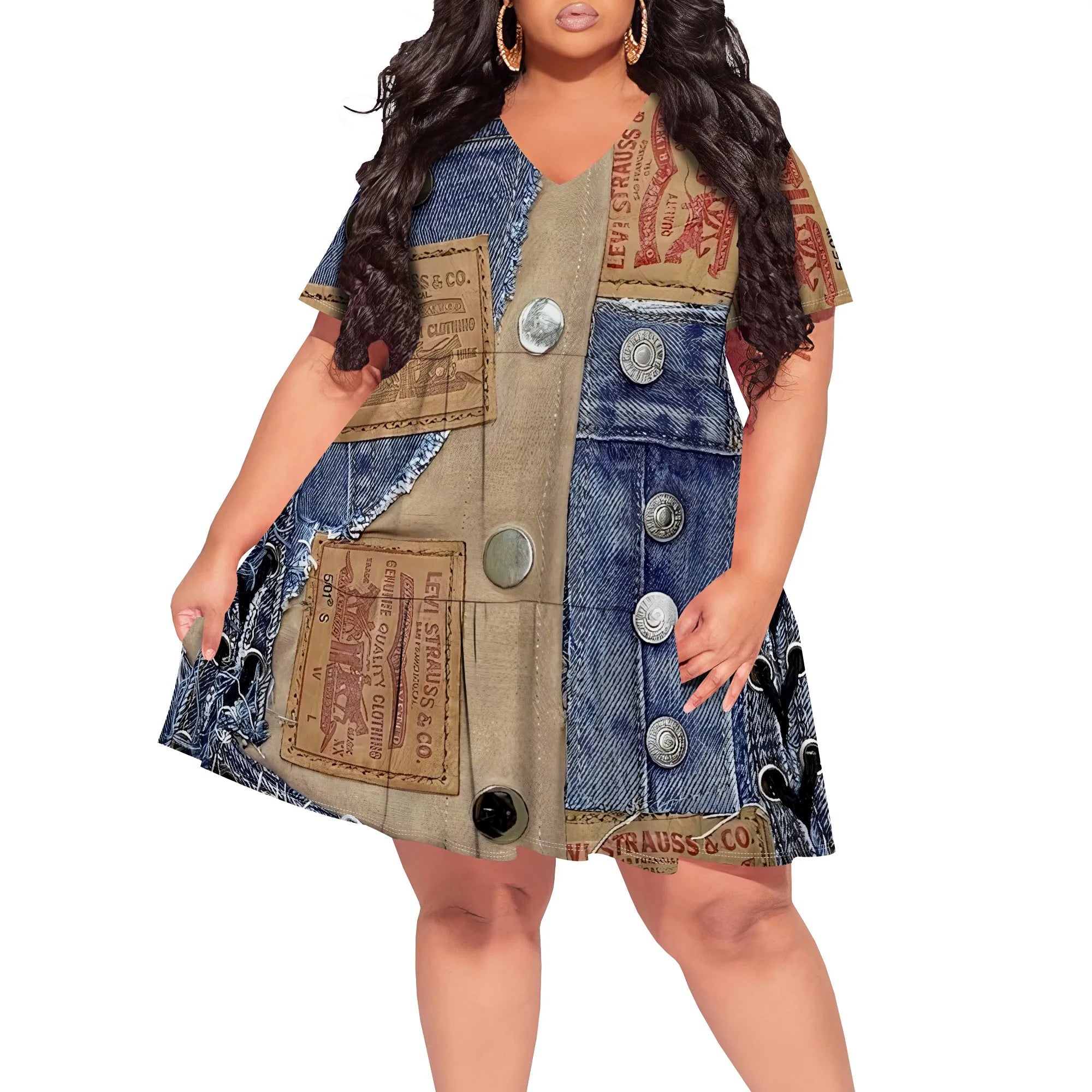 Denim Patchwork Lace-up V-neck Short Sleeve Dress - Women's Vintage Rugged Casual Party Festival Summer