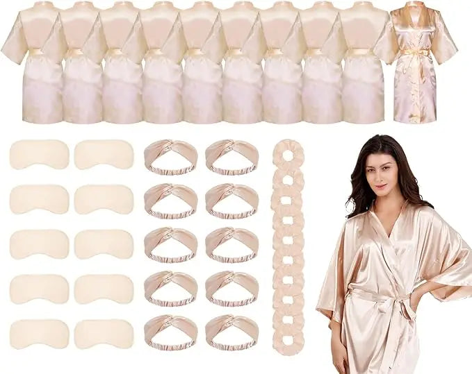 10 Pack Bridal Party Bride Spa Robes with Eye Masks Headband Hair Ties for Wedding Getting Ready Robes