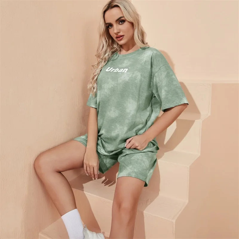 2Piece Suit Women T-Shirt Shorts Set Tie Dye Loose tshirt and wide leg middle shorts with pockets female Casual Soft Summer Sets