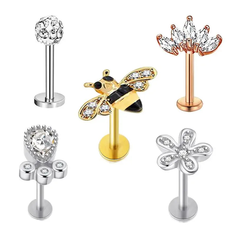 5PCS Flower Tragus Piercing Set Flat Back Cz Cartilage Stud Earring Helix Jewelry Conch Rook Stud Lot Labret Lip Piercing Bulk