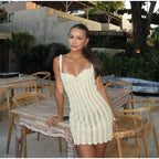 Elegant Knit Women's Summer Dress Elegant Pearl Decoration Square Collar Sleeveless Female Short Dresses Chic Ladies Beach Robe