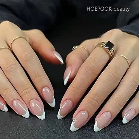 24pcs Nude French Fake Nails White Edge Almond False Nails Art Full Coverage Removable Waterproof Artificial Press on Nail