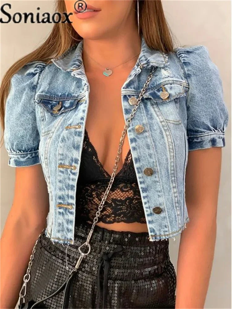 2022 Fashion Women Streetwear Jean Coat Cropped Outerwear Jacket Female Tops Single Breasted Ripped Short Sleeve Denim Jackets
