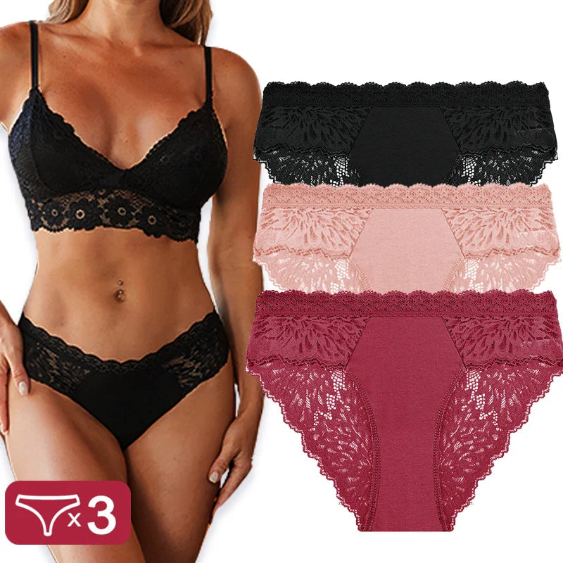 3PCS/Set Sexy Perspective Women Back Lace Panties Patchwork Cotton Underpants Hollow Out Lingerie Underwear Comfortable Briefs