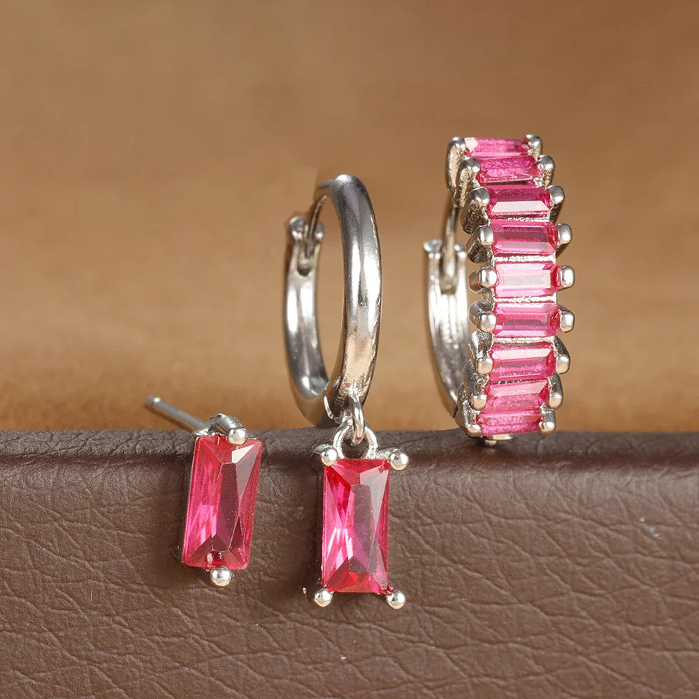 3PCS Stainless Steel Square Earrings Sets for Women Vintage Zircon Pendant Geometry Round Circle Hoop Earrings Piercing Jewelry