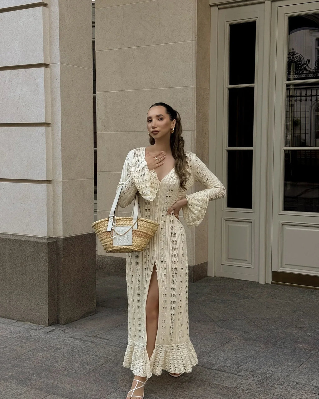 DSMTRC 2025 Holiday Knitted See-throught Cardigan Dress V Neck Long Flare Sleeves Leisure Long Trendy Single Breasted Autumn