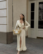 DSMTRC 2025 Holiday Knitted See-throught Cardigan Dress V Neck Long Flare Sleeves Leisure Long Trendy Single Breasted Autumn