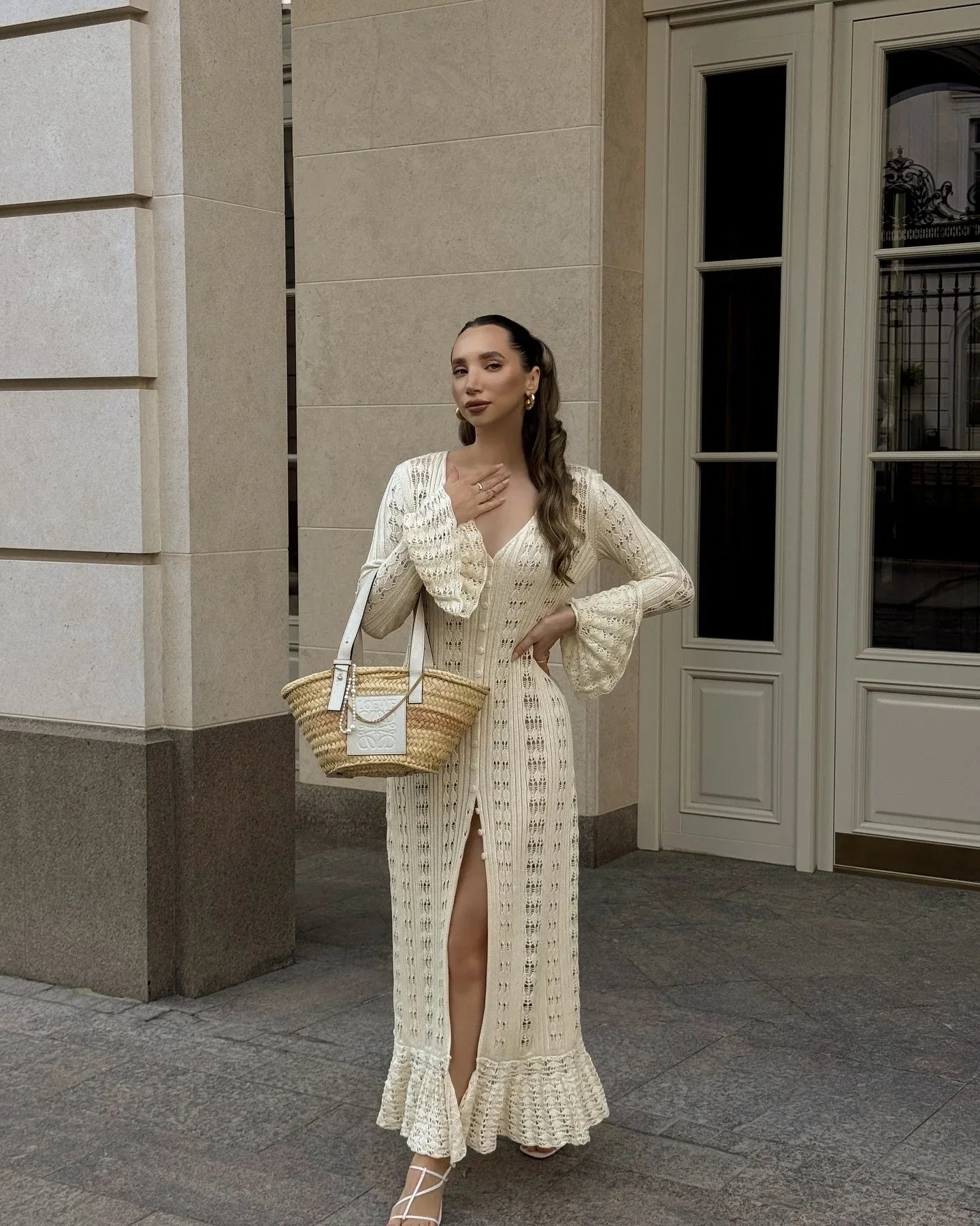 DSMTRC 2025 Holiday Knitted See-throught Cardigan Dress V Neck Long Flare Sleeves Leisure Long Trendy Single Breasted Autumn