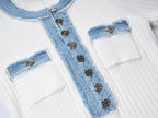 Elegant Denim Patchwork Knitted Long Dress Women Fashion V Neck Short Sleeved Buttons Bodycon Dresses Female White Pockets Robes