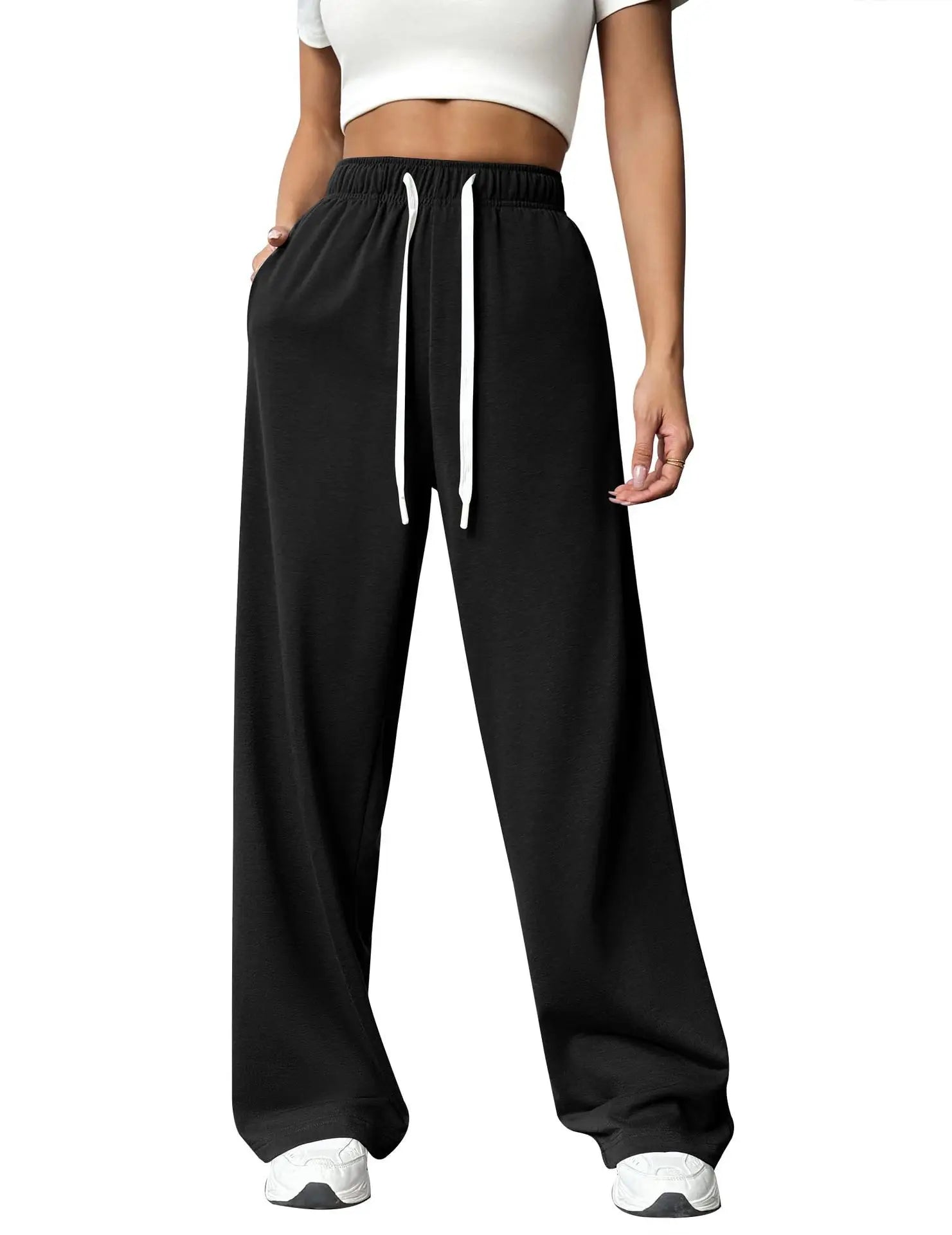 Casual Wide Leg Sports Pants for Women Casual Straight Leg Loose Solid Color Elastic Drawstring High Waisted Wide Leg Pants