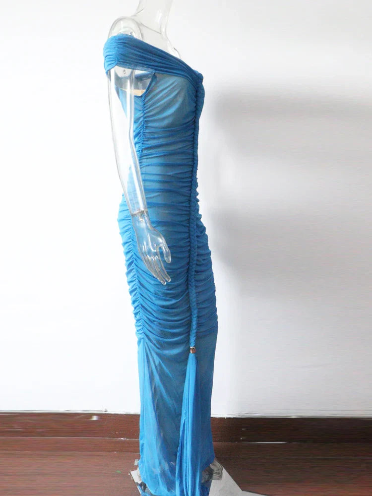 Beyprern Luxe Goddess Ruched Mesh Maxi Dress Elegant Women's Off Shoulder Pleated Bandage Beach Vacation Dress Holiday Outfits