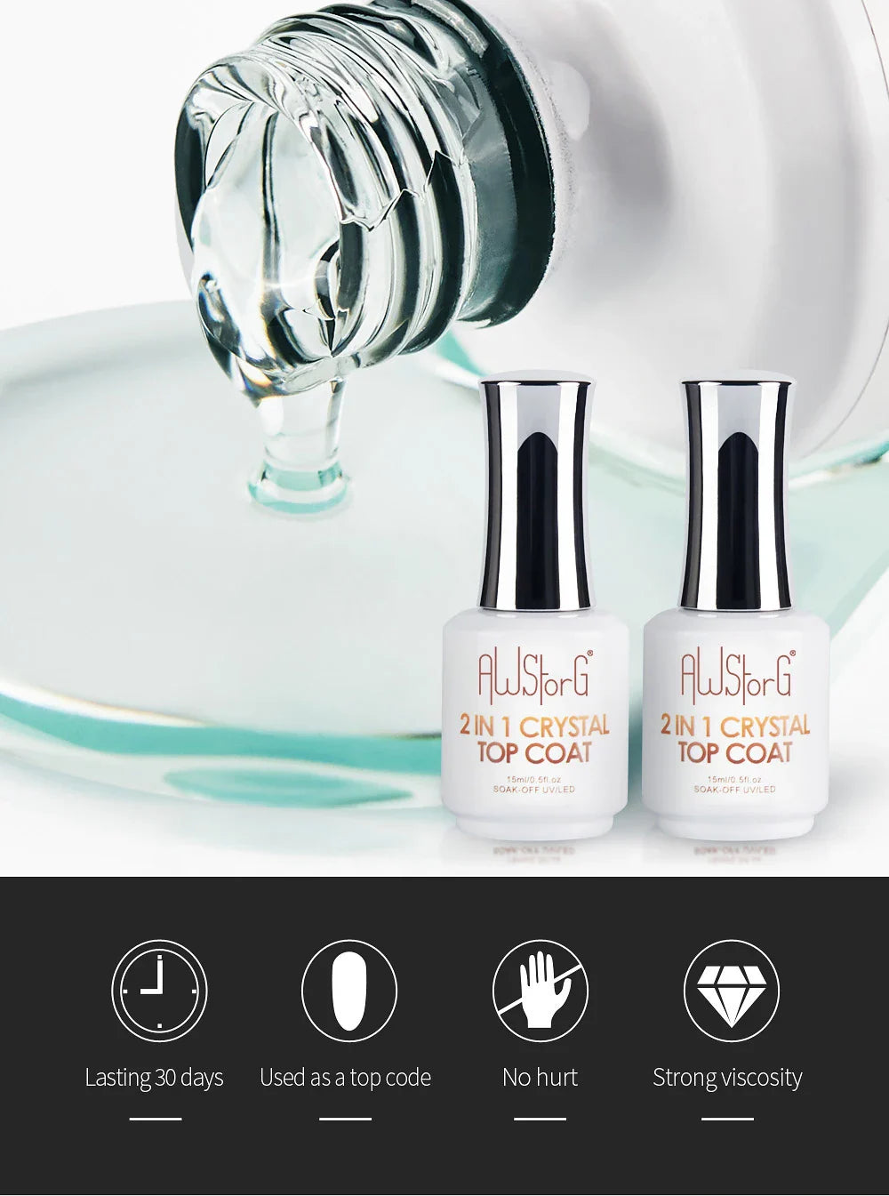 AWStorG15ml 2 IN 1 Crystal Top Coat Transparent Soak Off UV LED Nails Art Manicure Gel Nail Polish Varnishes Primer Function Gel