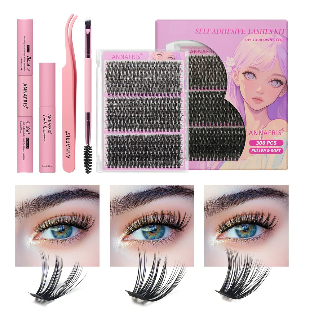 ANNAFRIS 300Pcs DIY Cluster Lash Extension Kit Color individual Lashes Kit with Lash Bond&Seal Remover Tweezers