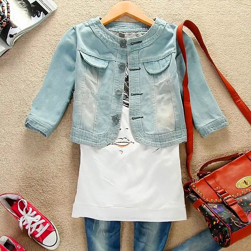 2023 Spring/Summer New Denim Jacket Women's Korean Casual Slim All-Match Short Crop Sleeve Short Sleeve Denim Button Up Top