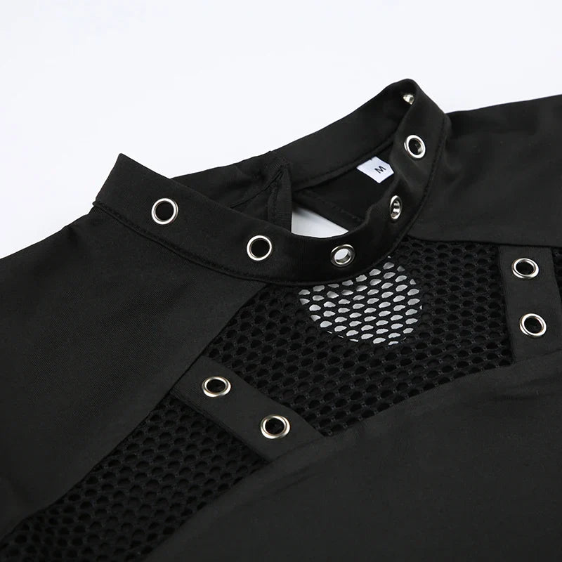 CIBBAR Gothic Black Crop Top Chic See Through Mesh Patchwork Full Sleeve Skinny Basic T-shirt Women Punk Style Stitched T Shirts