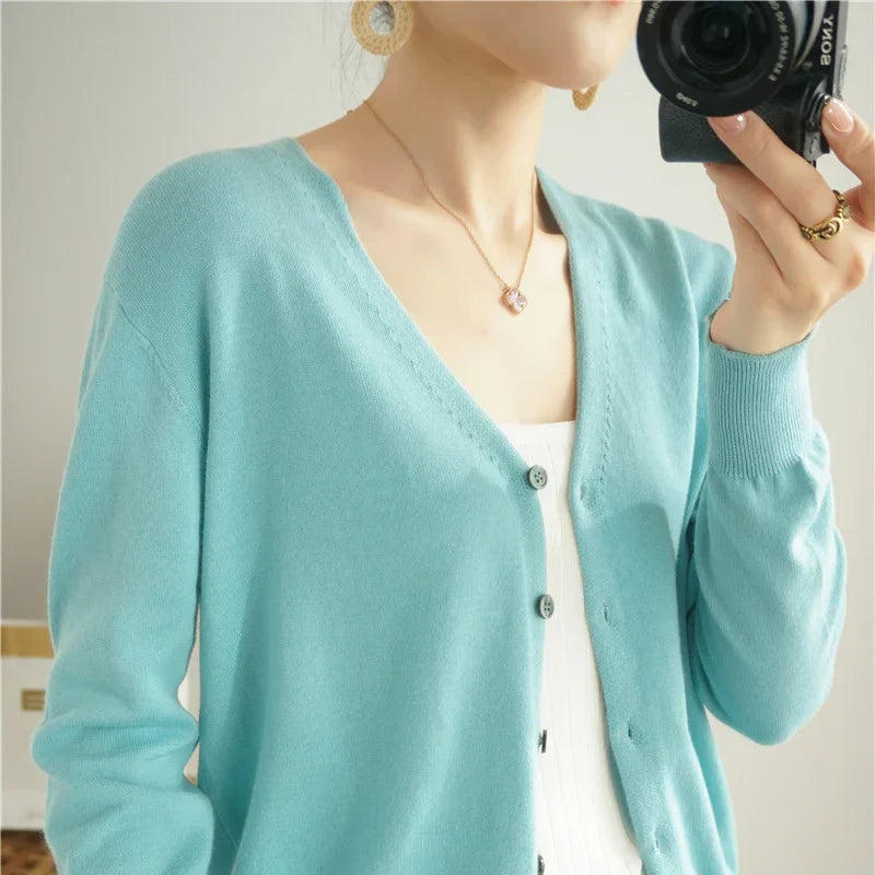 100% Cotton Line Long Sleeve V-Neck Knitted Cardigan Women Loose Short Solid Color Simple Sun Protection SMY K61