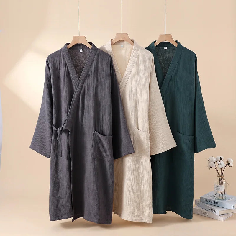 2025 Japanese New Spring/Summer Couple Kimono Robe 100% Cotton Crepe Cloth Men's and Women's Bathrobe Thin Home Sleeping Robe