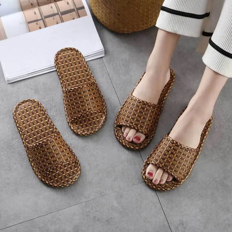 Bamboo Rattan Grass Summer Home Couple Wholesale Street Stall Indoor Thickened Soft Bottom Wooden Floor Home Linen Slippers