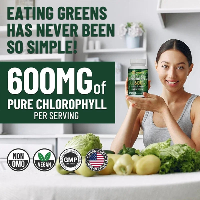 Chlorophyll Capsules 600mg - for Energy, Immunity, Skin & Internal Deodorant