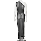 CUTENOVA Sexy Sleeveless One Shoulder Printed See Through Mesh Dresses For Women 2024 Summer High Slit Slim Beach Holiday Dress