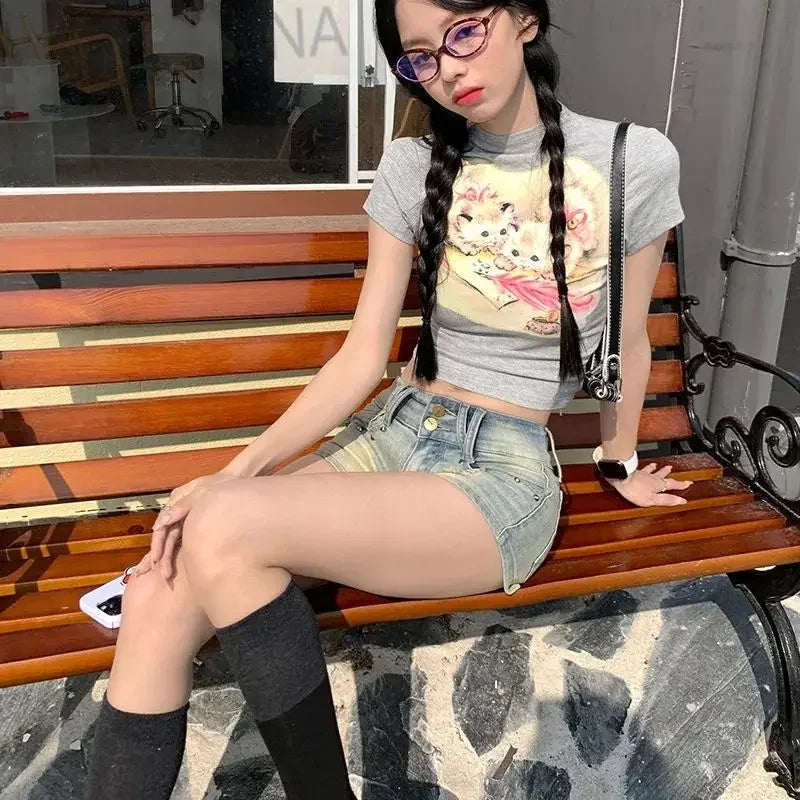 Blue Retro Female Short Jeans Pants Fashion 2025 New In Clothing Hot Casual Trend 2000s Clothes Y2k Flowy Women's Denim Shorts