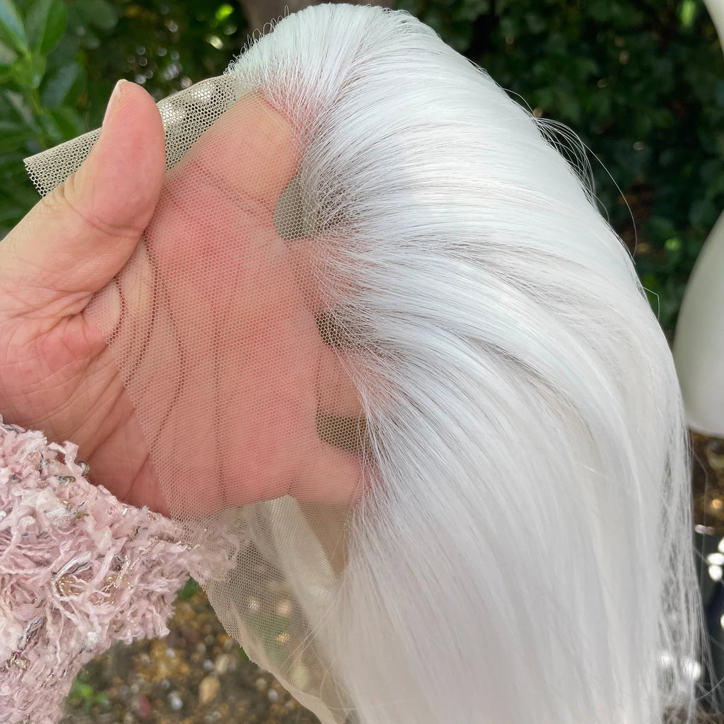 Elf Cosplay White 13x4 Lace Front Wigs for Women Synthetic 26 Inch Long Straight Free Part 150% Density Glueless Half Hand Tied
