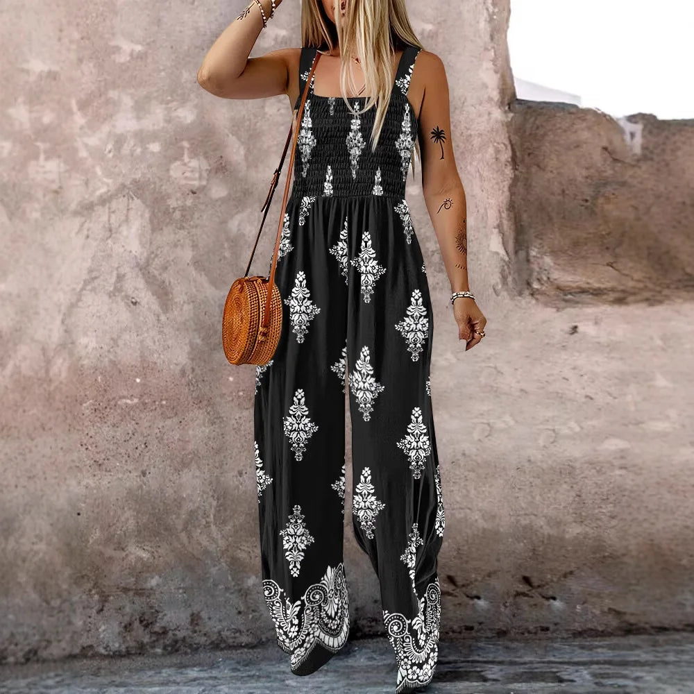 2025 Summer Female Jumpsuits with Pockets Fashion Printing Wide Legs High Waist Women's Rompers Sleeveless Strap Pants Trousers