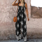2025 Summer Female Jumpsuits with Pockets Fashion Printing Wide Legs High Waist Women's Rompers Sleeveless Strap Pants Trousers