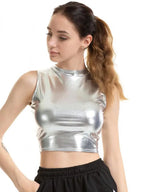 CHSDCSI Sexy Slim Shiny Sleeveless Vest Women High Street Tanks Summer Short Tops Fashion Punk Silver Gold Crop Clubwear