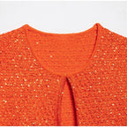 Elegant Sequined Orange Cardigans Women Y2k O-neck Short Sleeve One Button Female Tops 2025 Street Summer Lady Chic Knitwear