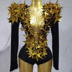2025 New Shiny Black Rhinestone Velvet Long Sleeve Bodysuit Women Evening Party Club Gala Hosts NightClub Bar Stage Costumes