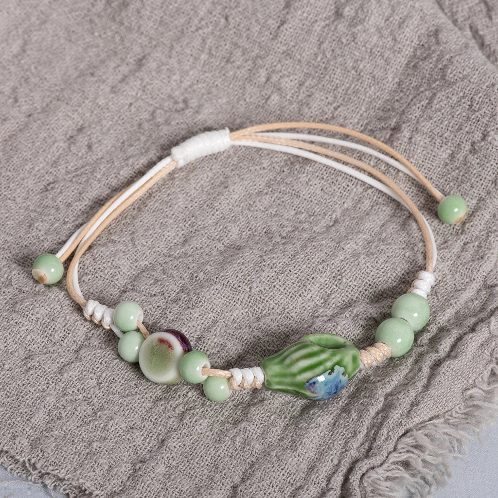 Ethnic Boho Handmade Ceramic Seashell Bracelet Adjustable Woven Vintage Jewelry Gift for Women S02-034