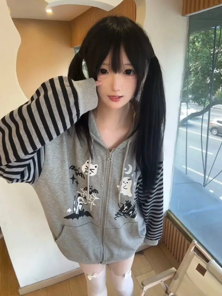 Cat Ear Hooded Sweatshirts Jackets Women Clothing Y2k Tops Patchwork Striped Anime Hoodie Ropa Mujer Casual Fashion Hoodies Coat