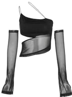 Asymmetrical Cut Out Mesh Crop Top with Sleeves Fairy Grunge  Clothes Transparent Camisole Tank Tops