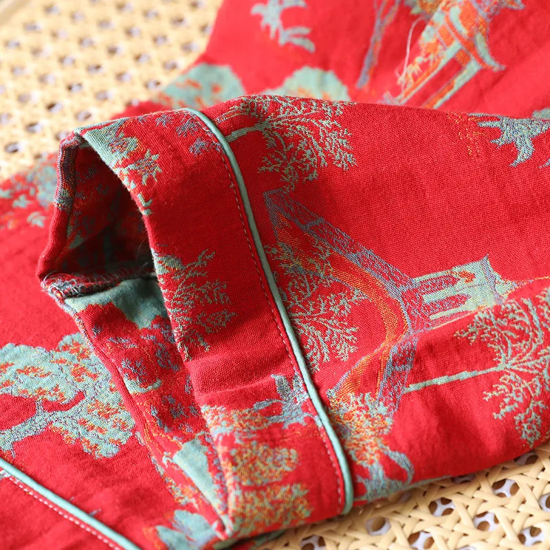 2025 New Spring and Autumn Women's Pajama Set 100% Cotton Retro Color Woven Home Clothes Long Sleeve Long Pants Two Piece Set