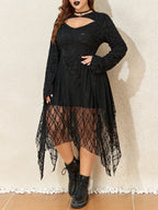 Halloween Plus Size Women's Gothic Lace Flare Sleeve A-Line Midi Dress Ladies Asymmetrical Hem Punk Party Costplay Dress 1XL-6XL