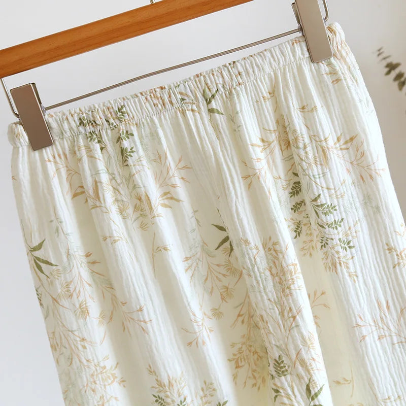 2025 New Spring and Autumn Women's Pajama Set 100% Cotton Crepe Printed Long Sleeve Pants Two Piece Home Suit Set Sleepwear