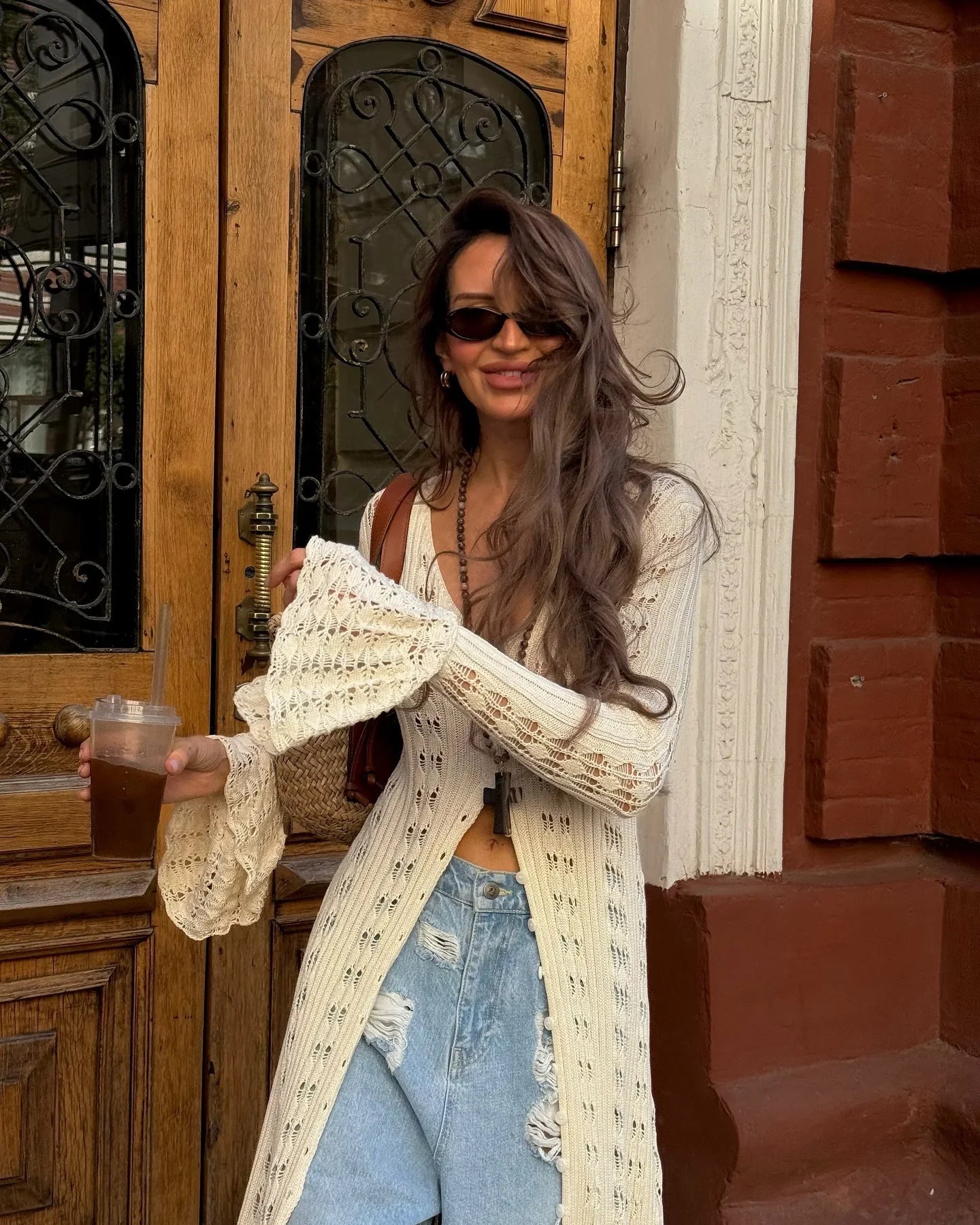 DSMTRC 2025 Holiday Knitted See-throught Cardigan Dress V Neck Long Flare Sleeves Leisure Long Trendy Single Breasted Autumn