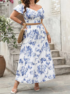 Elegant Plus Size Outfit Floral Print V-Neck Top with Short Sleeves and Elastic Waist Long Skirt - 2 Piece Set for Women