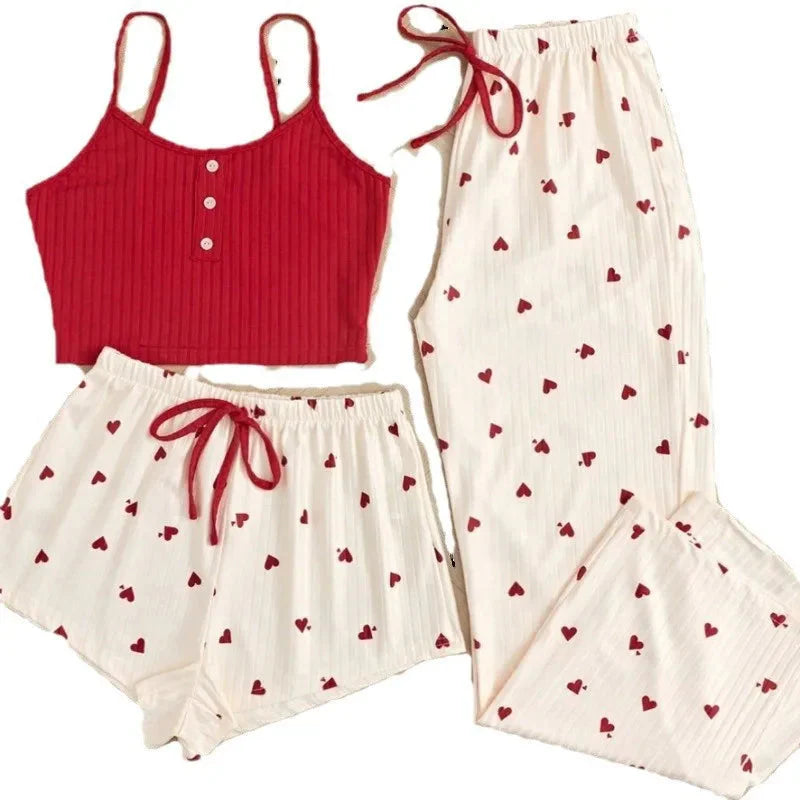 3pcs Women's Pajamas Heart-shaped Printed Vest Shorts And Pants Paired With Ribbed Fabric For Home Casual Women's Sleepwear Set