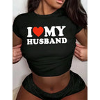 Cropped I Love My Husband Print Crew Neck T-shirt Y2K Short Sleeve Crop Top for Spring Summer Women's Clothing