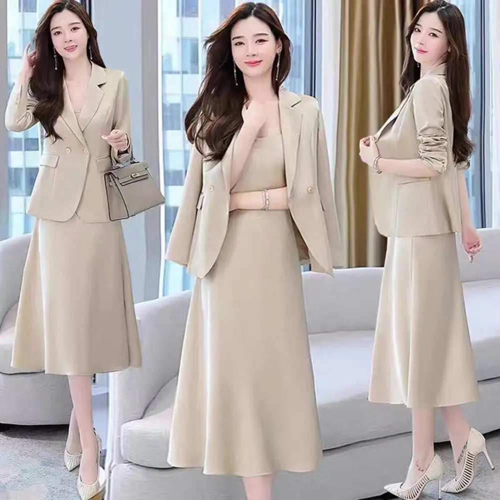 2Pcs/Set Summer Women Suit Dress Outfit  Solid Color Mid-length Lady Dress Sets Light Luxury Commute Sling Dress Coat Set
