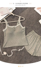 Casual Women Pajamas Summer Sleepwear Spaghetti Strap Shorts Sets 2 Pieces Night Wears O-neck Korean Sleeping Solid Home Suit